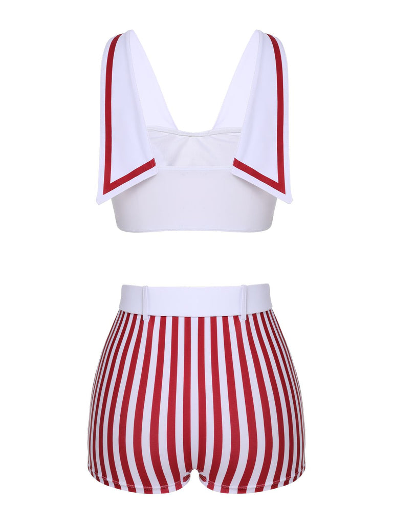 White 1950s Stripes Pockets Belted Swimsuit
