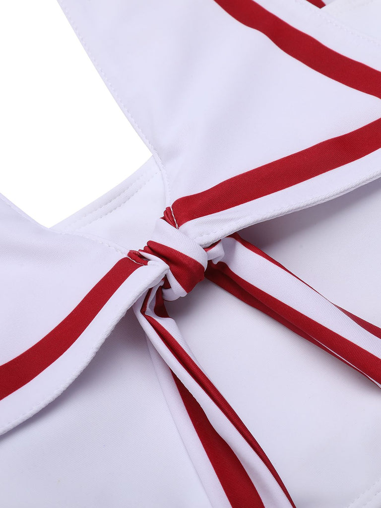 White 1950s Stripes Pockets Belted Swimsuit