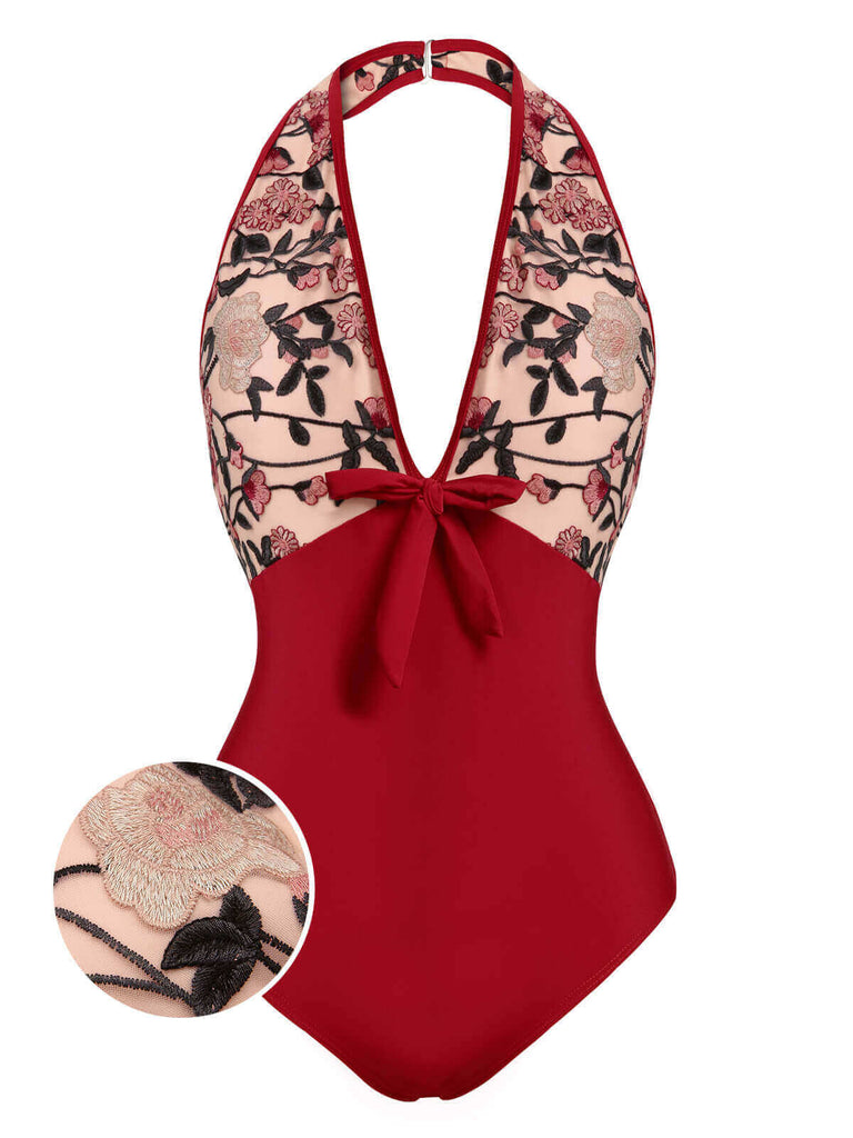 Wine Red 1950s Floral Backless Swimsuit