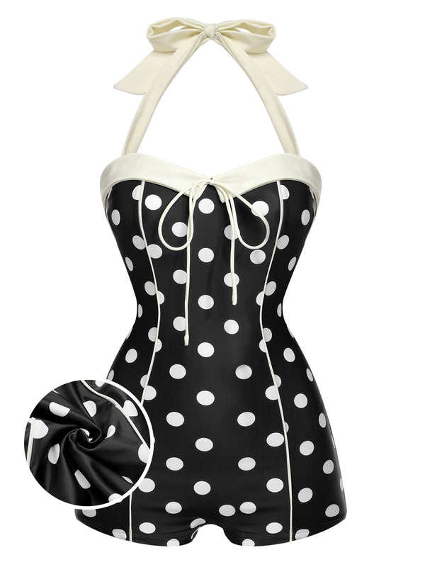 Black 1950s Polka Dots Halter Swimsuit | Retro Stage