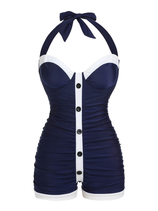 Navy Blue 1950s Pleated Halter Swimsuit