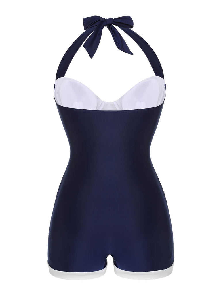 Navy Blue 1950s Pleated Halter Swimsuit