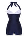 [Pre-Sale] Navy Blue 1950s Pleated Halter Swimsuit