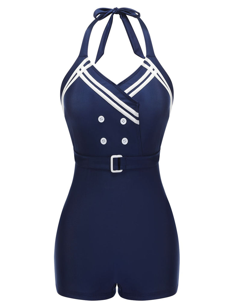 Navy Blue 1950s Solid Belt Button Halter Swimsuit