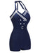 Navy Blue 1950s Solid Belt Button Halter Swimsuit
