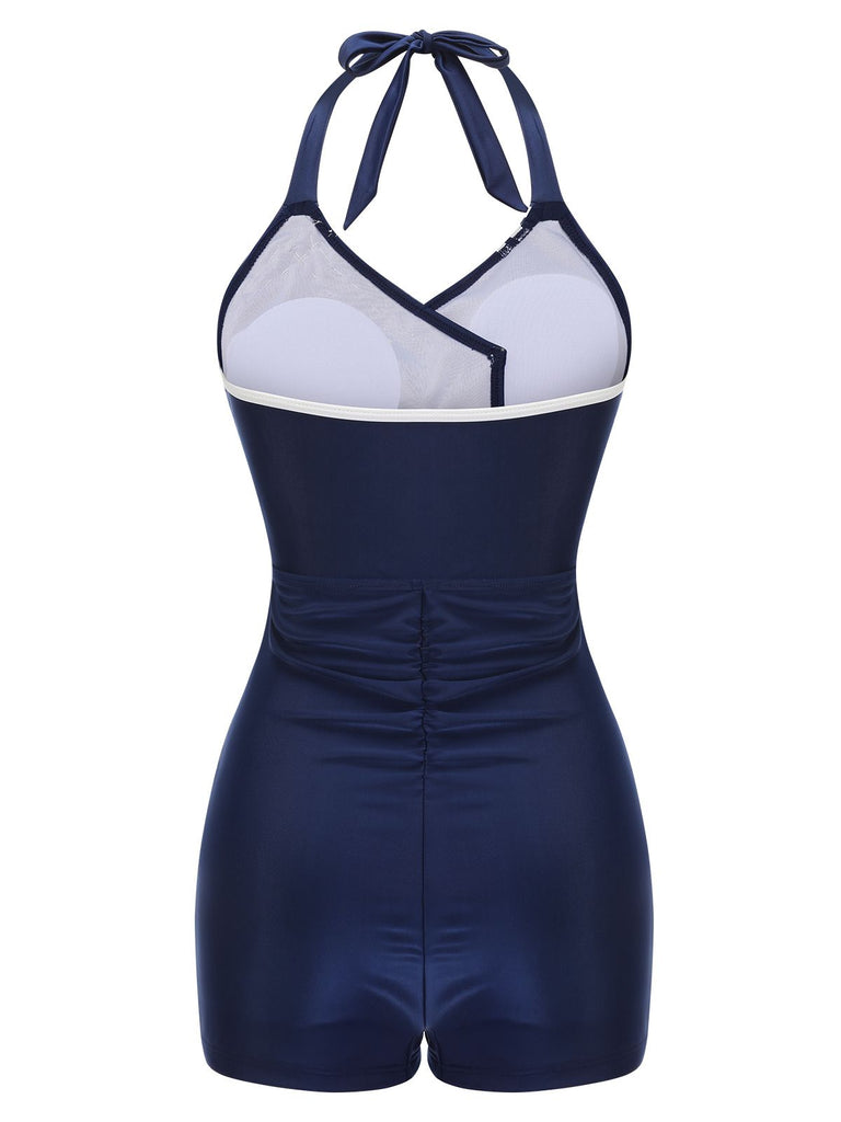 Navy Blue 1950s Solid Belt Button Halter Swimsuit