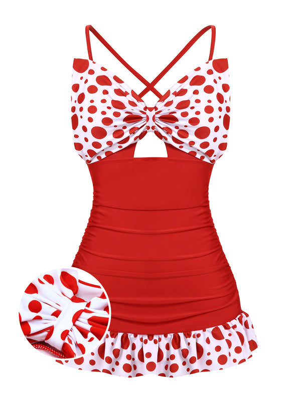 1930s Polka Dot Bowknot Patchwork Swimsuit | Retro Stage