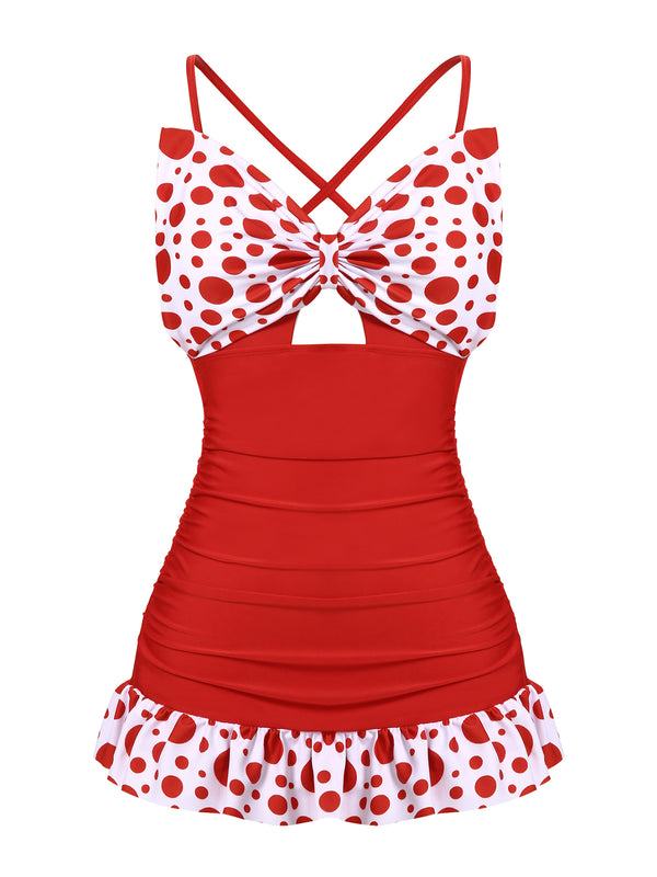 Retro Stage Polka Dot Bowknot Patchwork Swimsuit Red