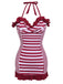 Wine Red 1950s Stripe Heart Collar Swimsuit