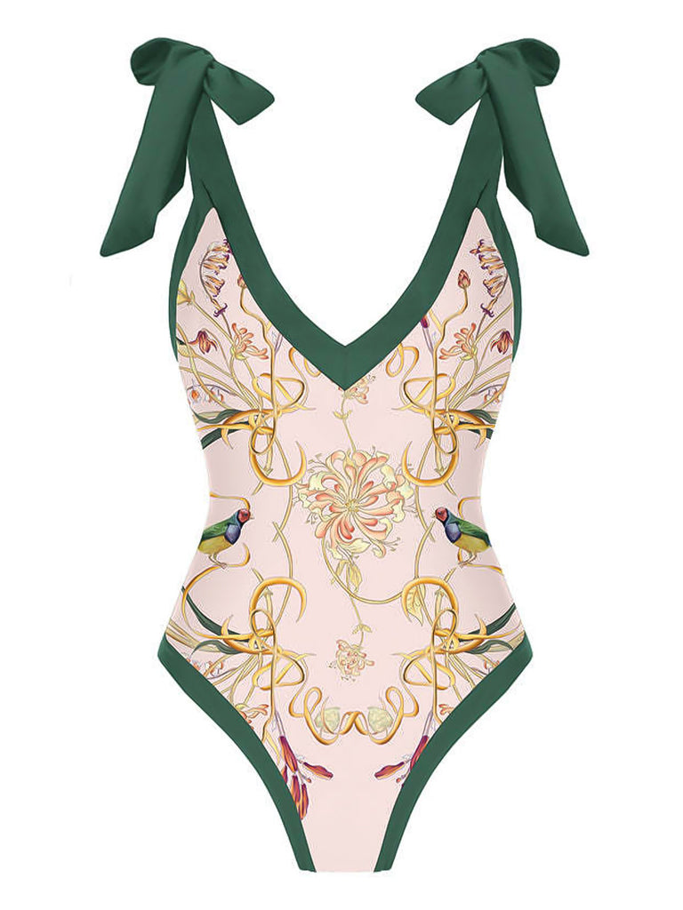 1950s V-Neck Flowers Lacing Swimsuit | Retro Stage