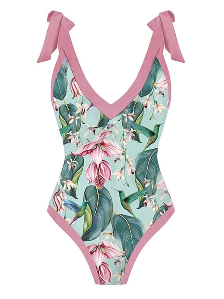 1950s V-Neck Flowers Lacing Swimsuit & Cover Up