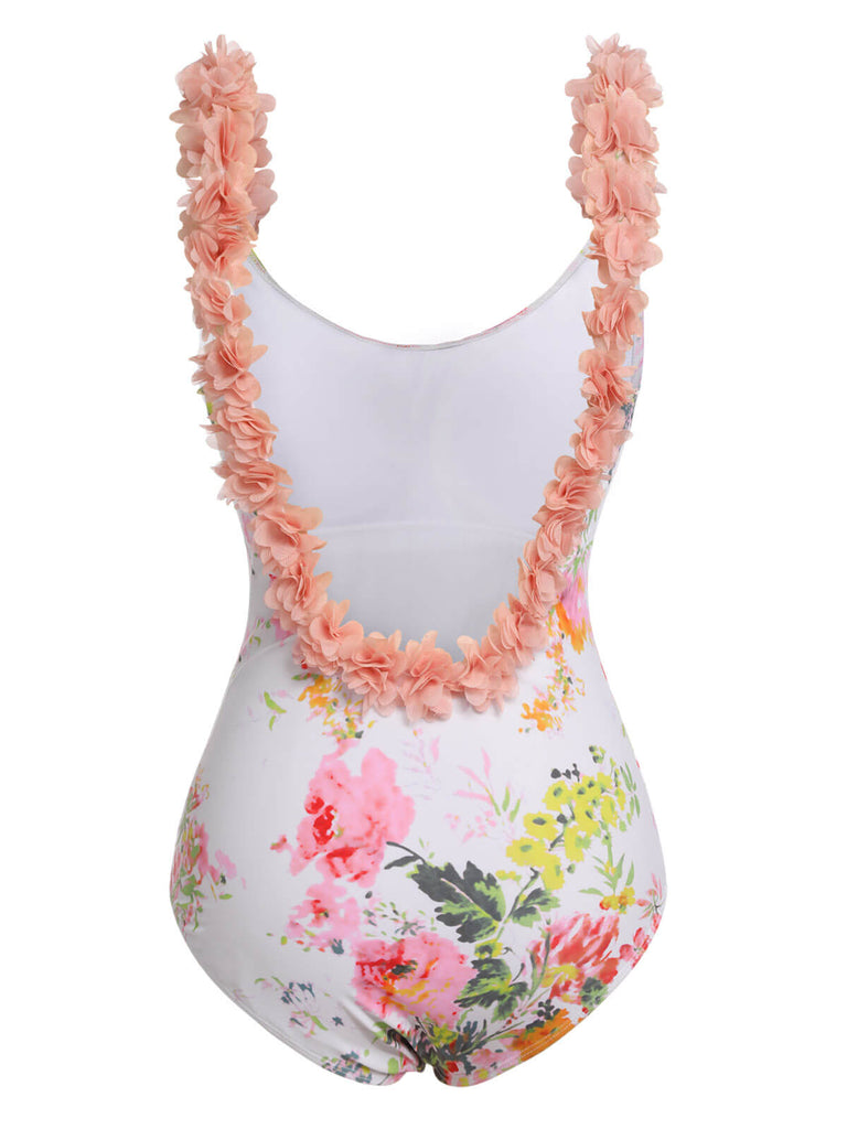 Light Pink 1950s Flowers Backless Swimsuit