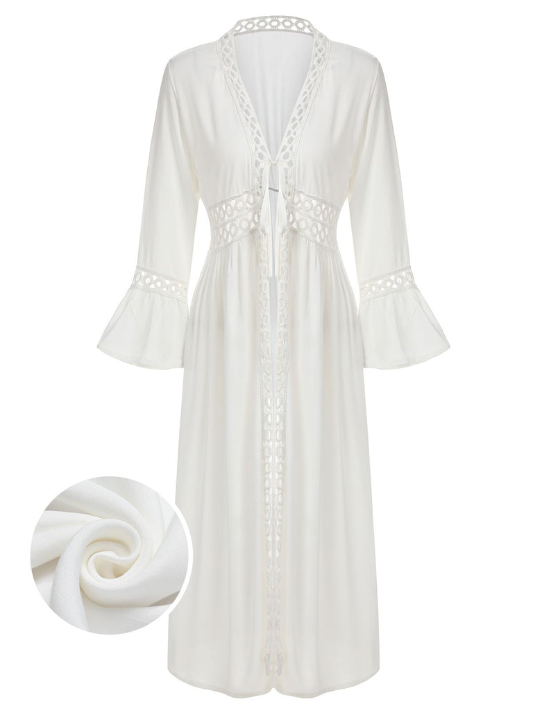 White 1960s Solid V-neck Wrap Cover-up