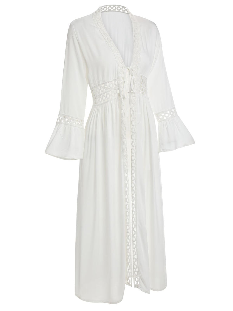 White 1960s Solid V-neck Wrap Cover-up