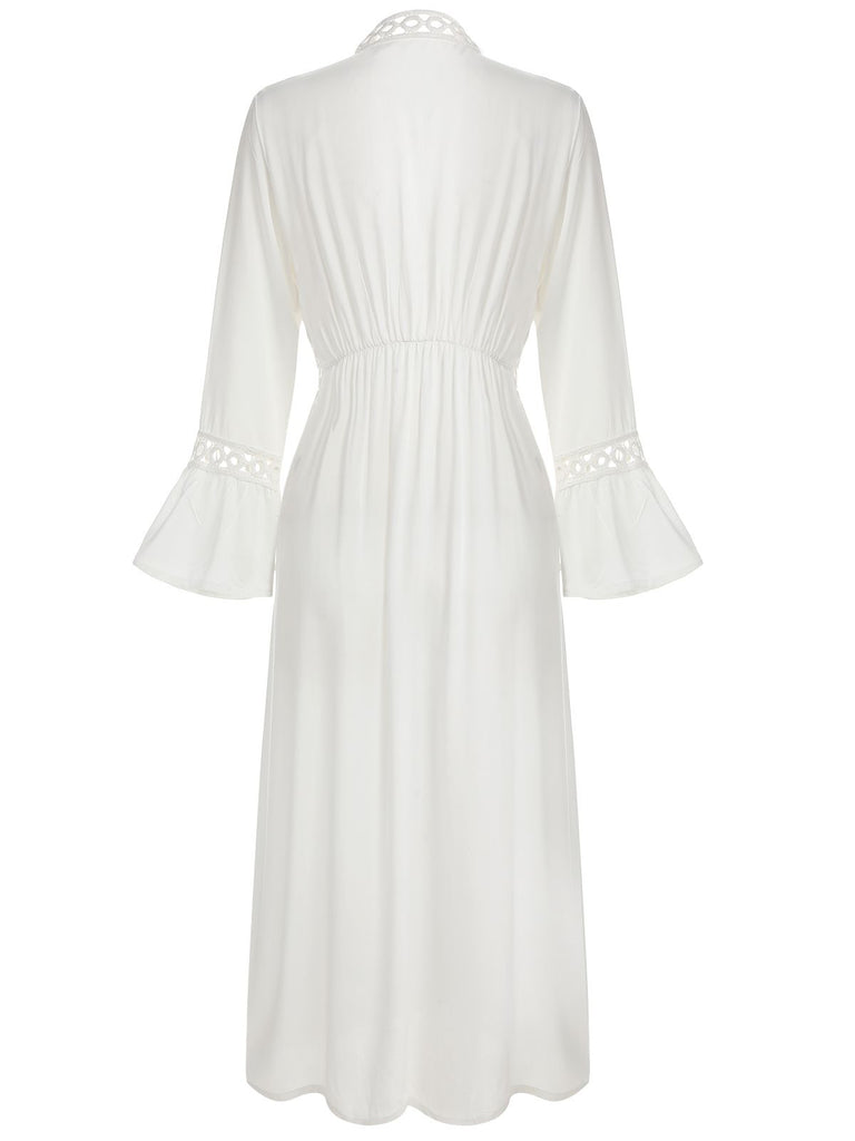 White 1960s Solid V-neck Wrap Cover-up
