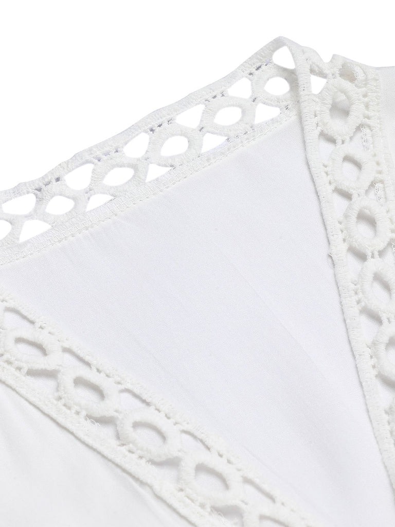 White 1960s Solid V-neck Wrap Cover-up