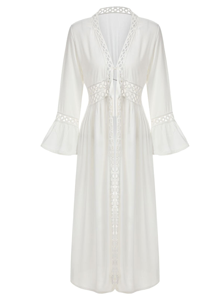 White 1960s Solid V-neck Wrap Cover-up