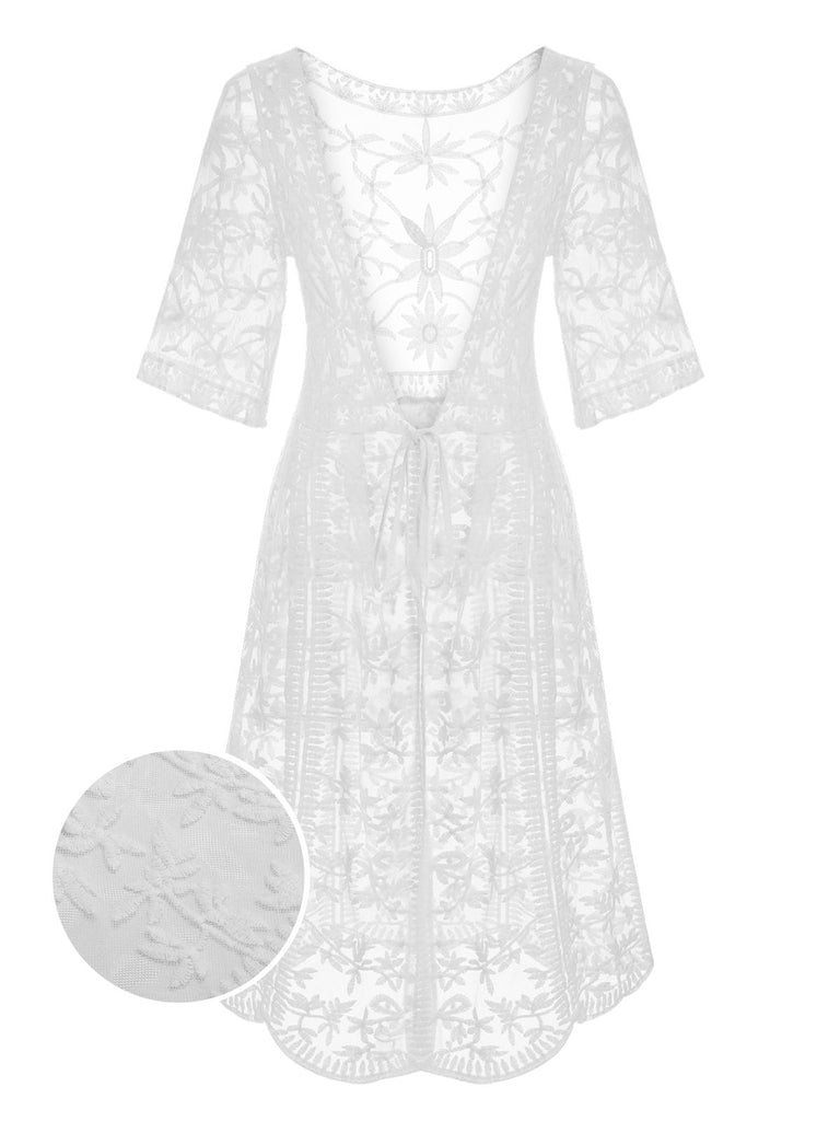 White 1960s Lace V-neck Wrap Cover-up