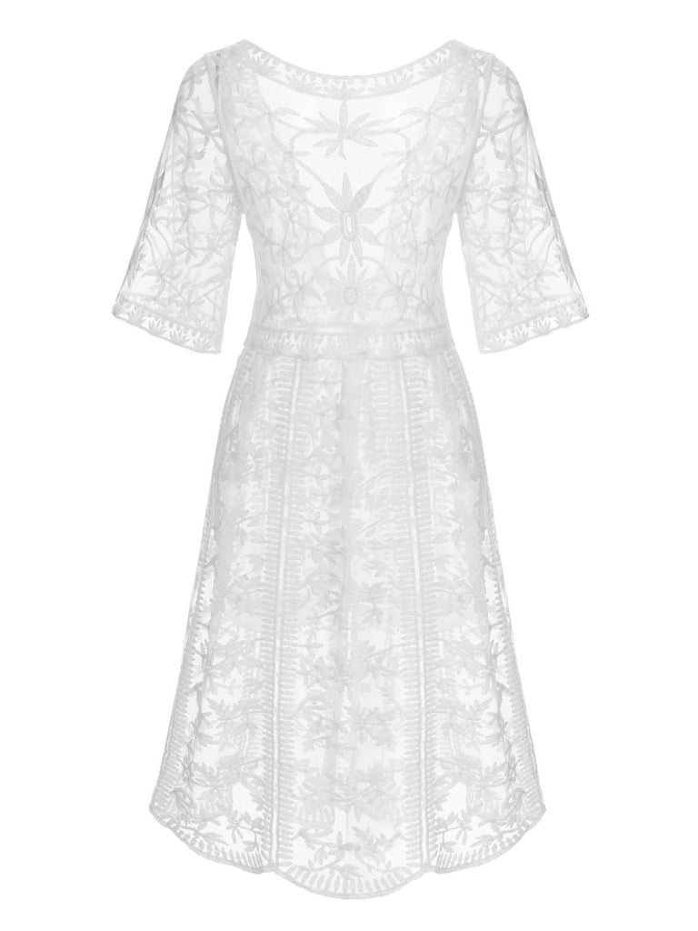 White 1960s Lace V-neck Wrap Cover-up