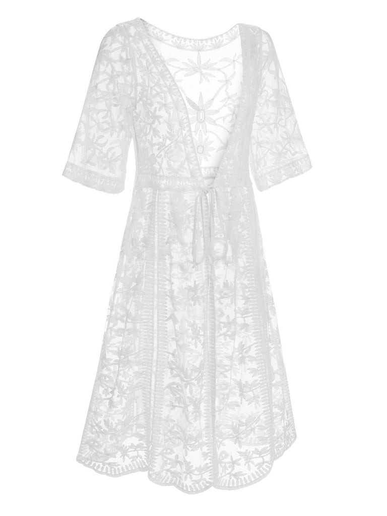White 1960s Lace V-neck Wrap Cover-up