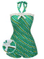 Green 1930s Stripe Off-Shoulder Halter Swimsuit