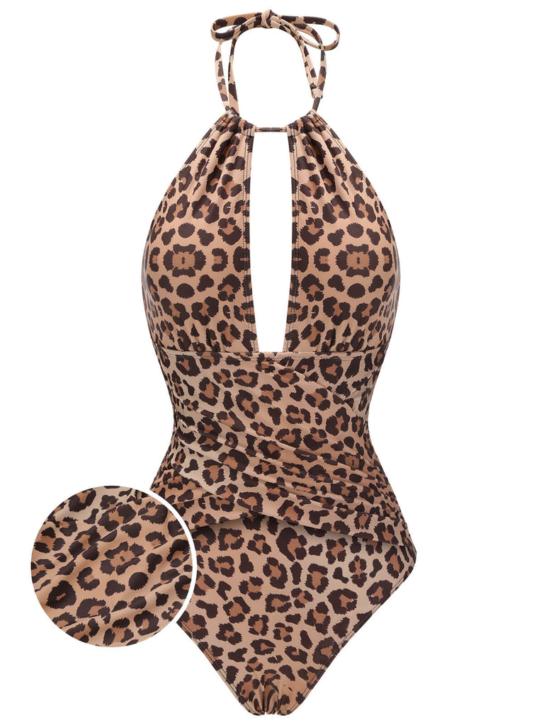 Brown 1930s Leopard V-Neck Halter Swimsuit | Retro Stage