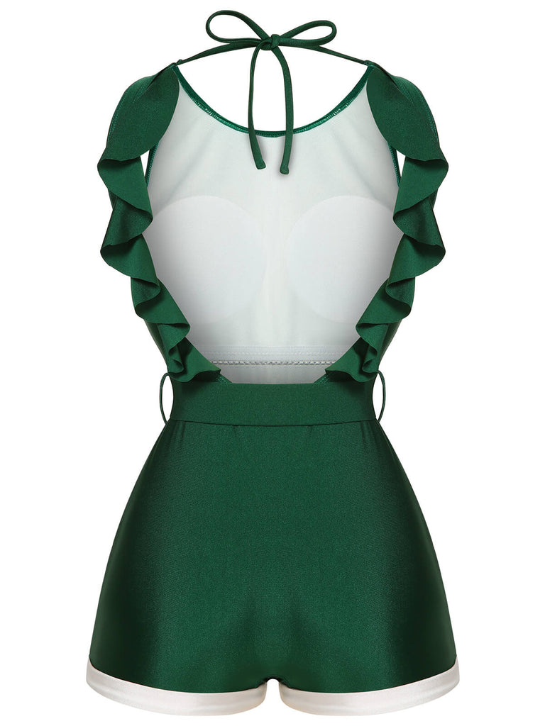 Green 1940s Sleeveless Backless Halter Swimsuit