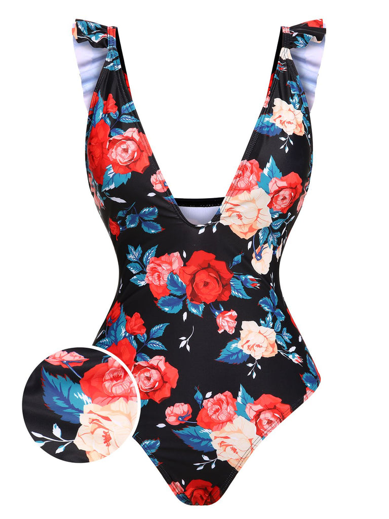 1940s Strap Flowers Deep V-Neck One-Piece Swimsuit