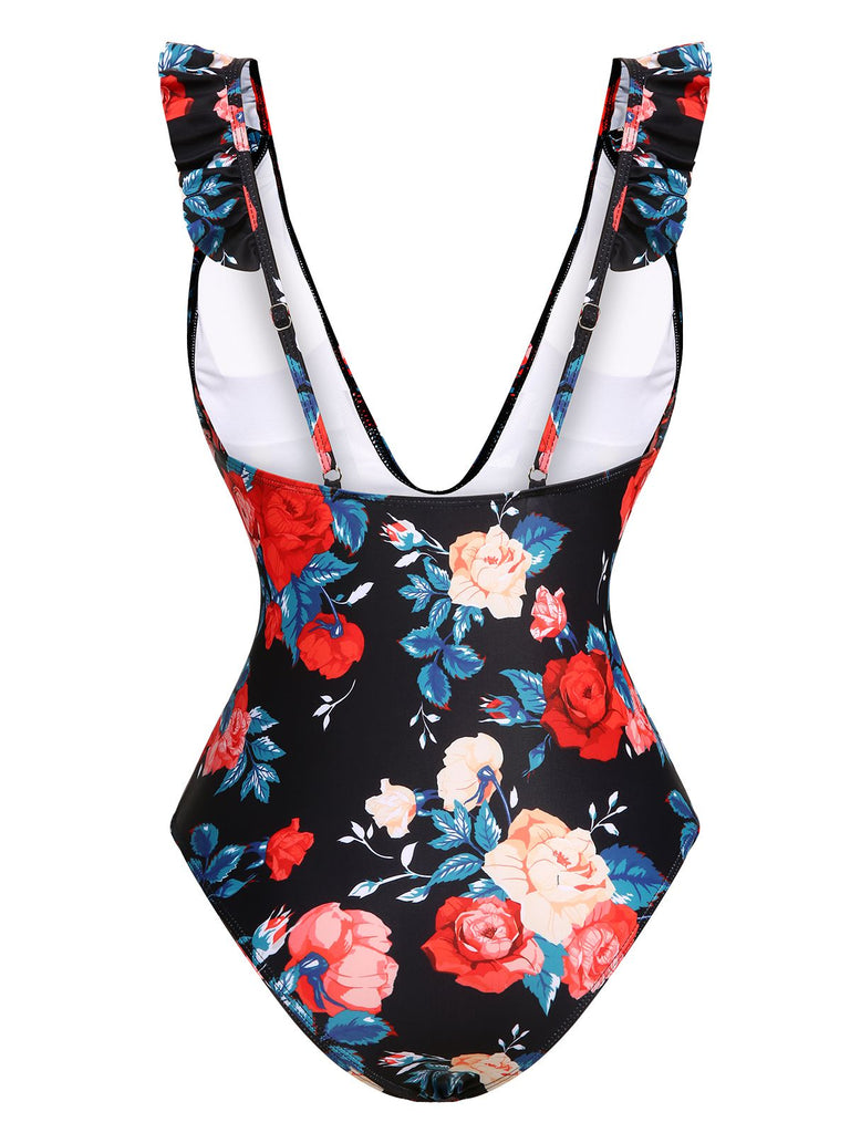 1940s Strap Flowers Deep V-Neck One-Piece Swimsuit