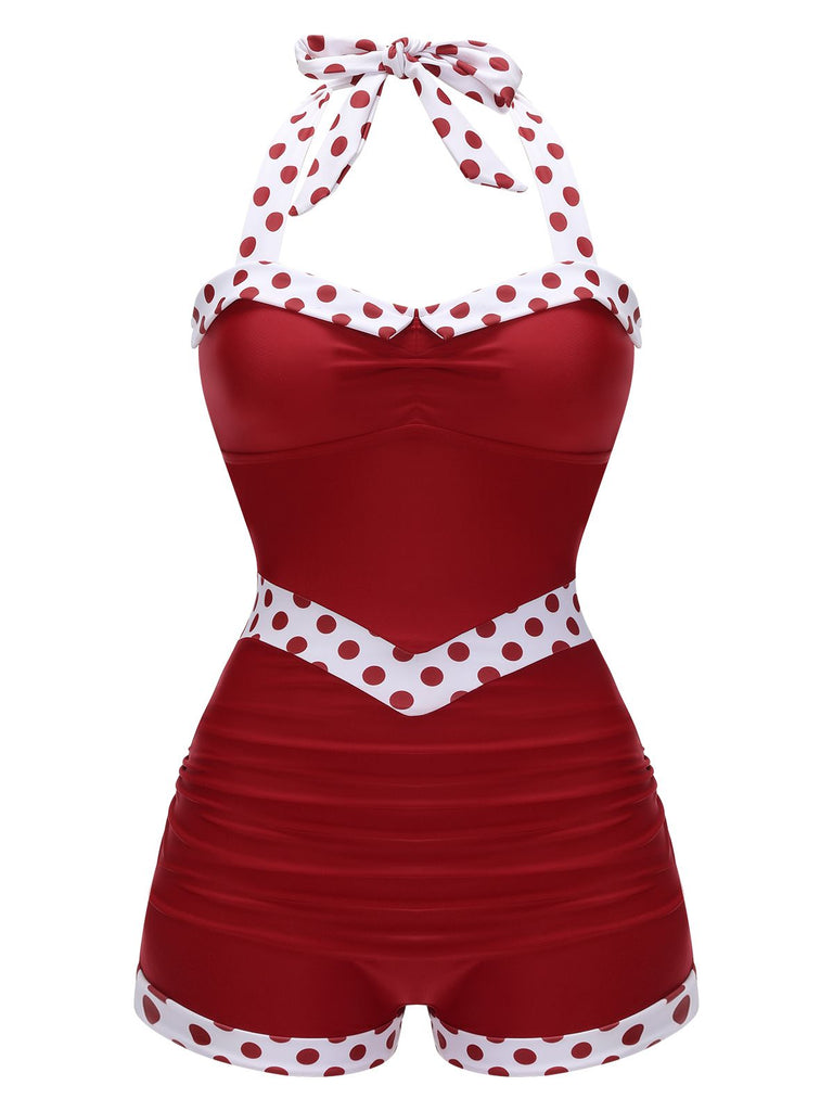[Pre-Sale] Red 1940s Halter Patchwork One-piece Swimsuit
