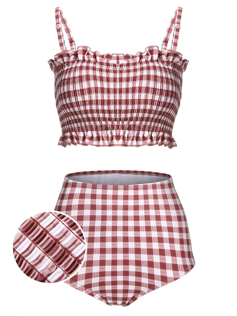 Red 1940s Plaid Strap Ruffle Swimsuit