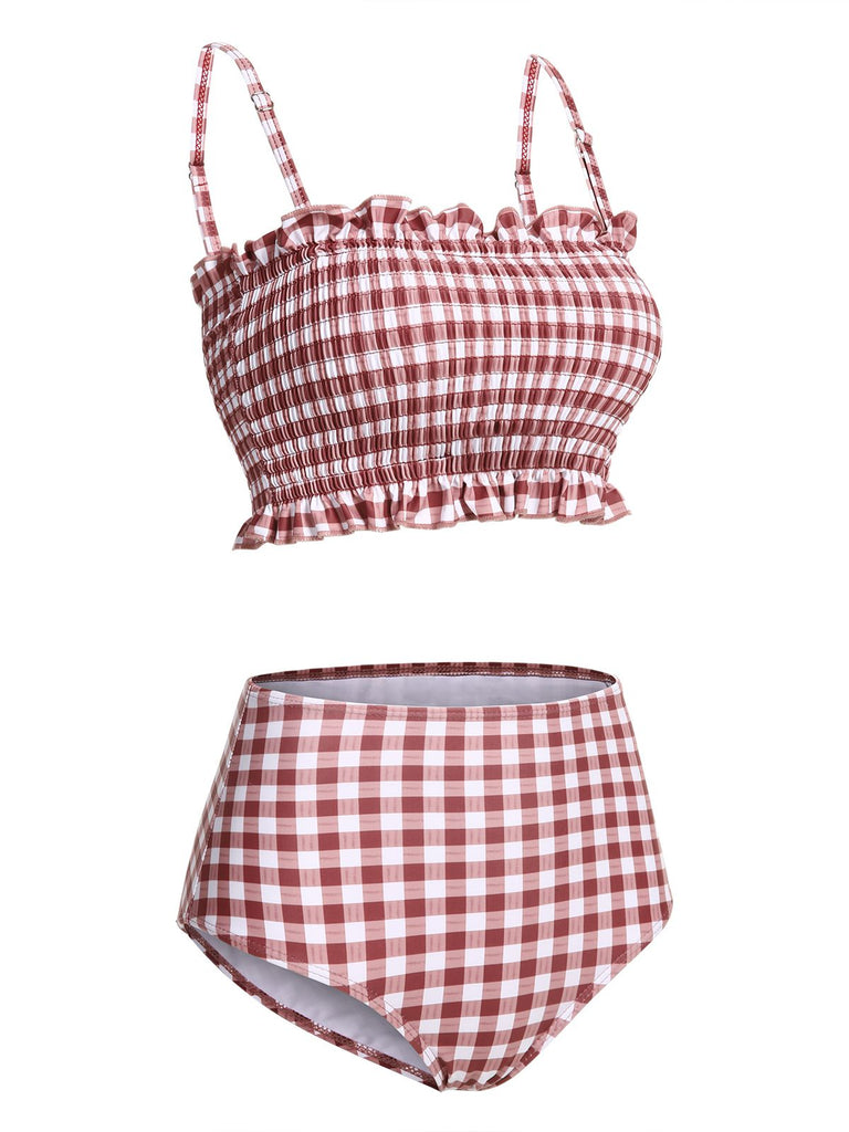 Red 1940s Plaid Strap Ruffle Swimsuit