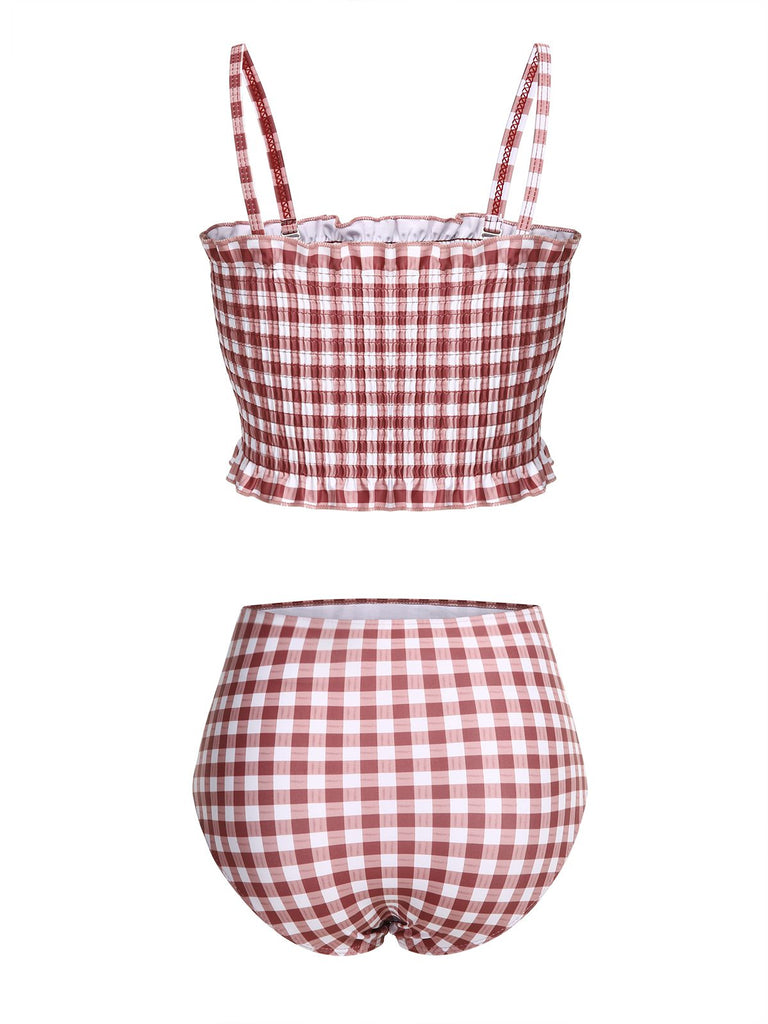 Red 1940s Plaid Strap Ruffle Swimsuit