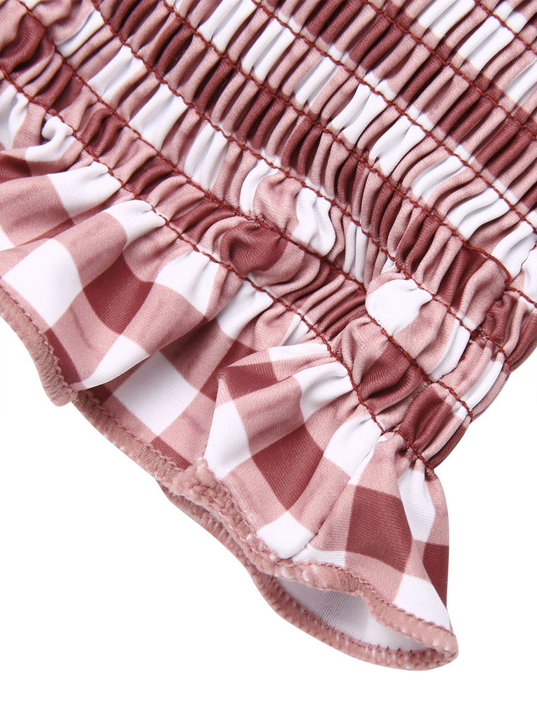 Red 1940s Plaid Strap Ruffle Swimsuit