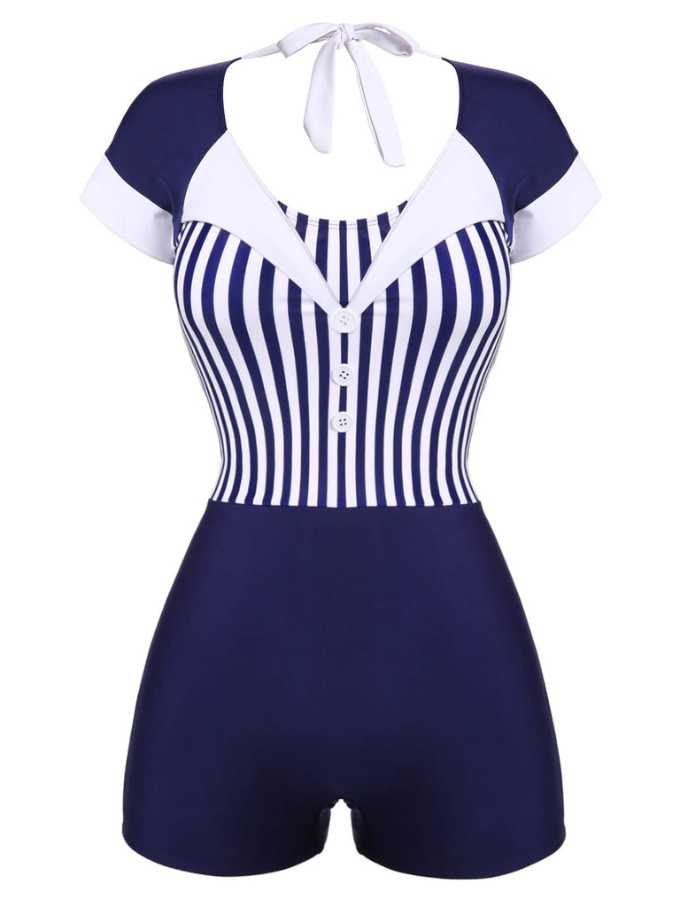 Navy Blue 1930s Stripe Patchwork Swimsuit