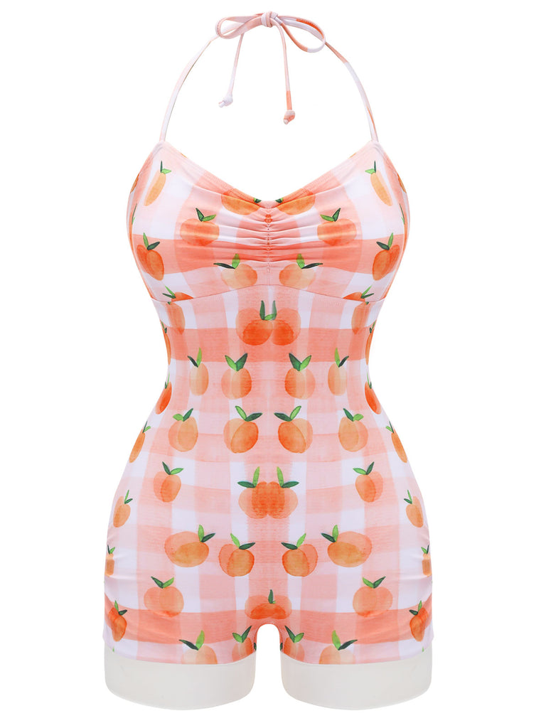 Pink 1940s Peach Plaid Halter Swimsuit