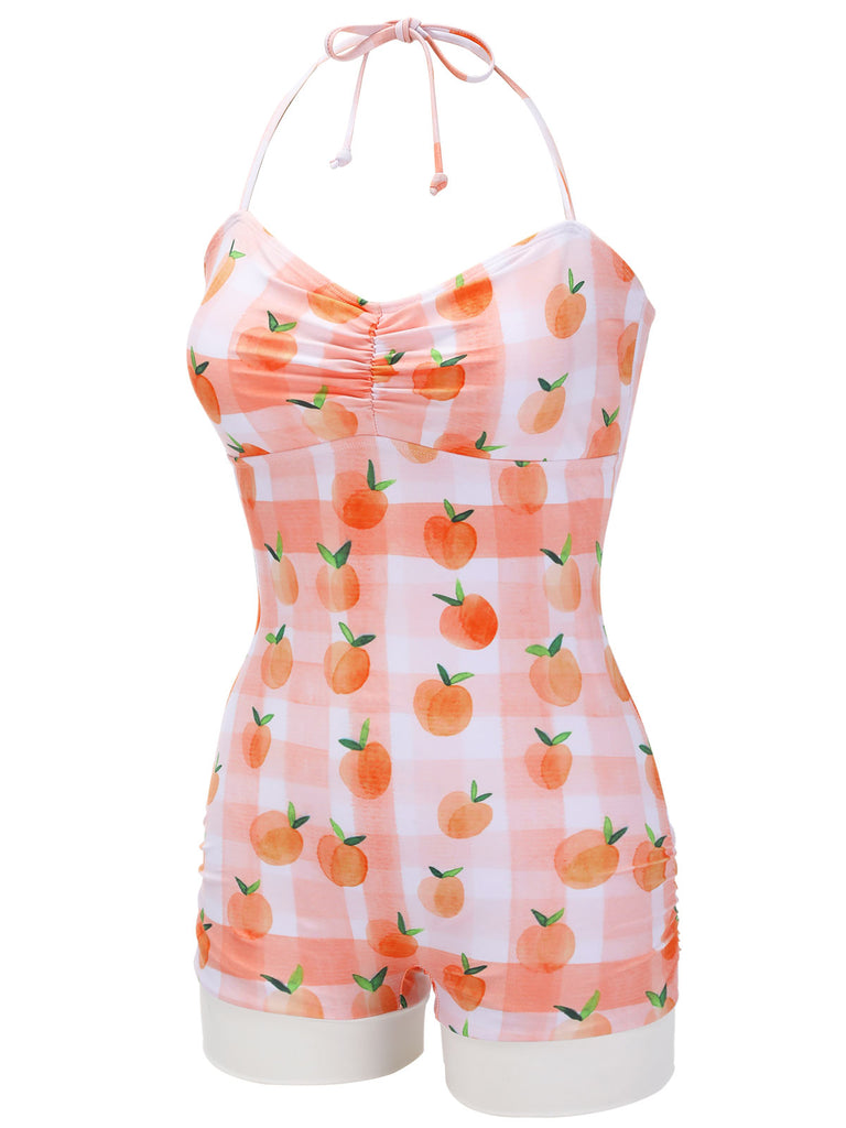 Pink 1940s Peach Plaid Halter Swimsuit