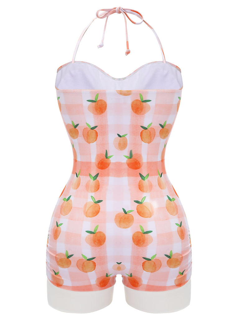 Pink 1940s Peach Plaid Halter Swimsuit