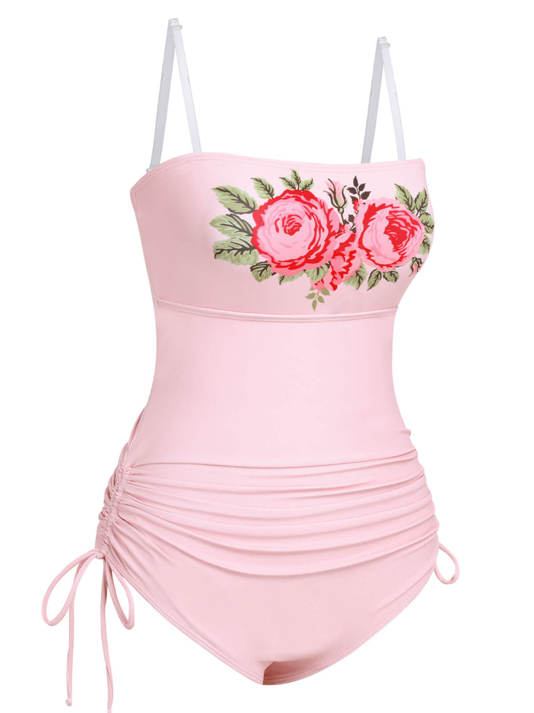 Pink 1940s Rose Strap One-piece Swimsuit