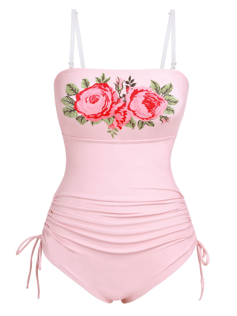 Pink 1940s Rose Strap One-piece Swimsuit