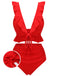 Red 1950s Solid Ruffled V-neck Straps Swimsuit
