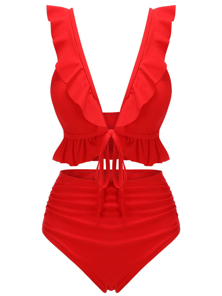 Red 1950s Solid Ruffled V-neck Straps Swimsuit