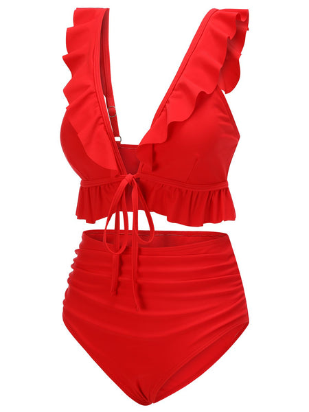 Red 1950s Solid Ruffled V-neck Straps Swimsuit | Retro Stage