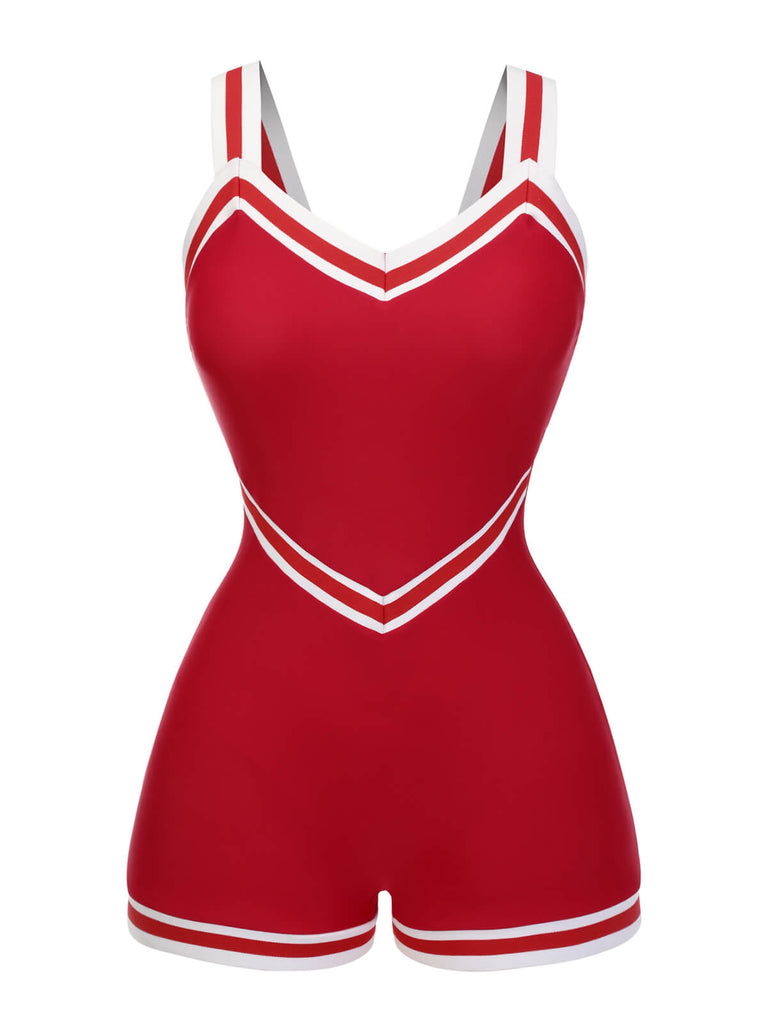 [Pre-Sale] Red 1940s Solid Patchwork V-Neck Swimsuit