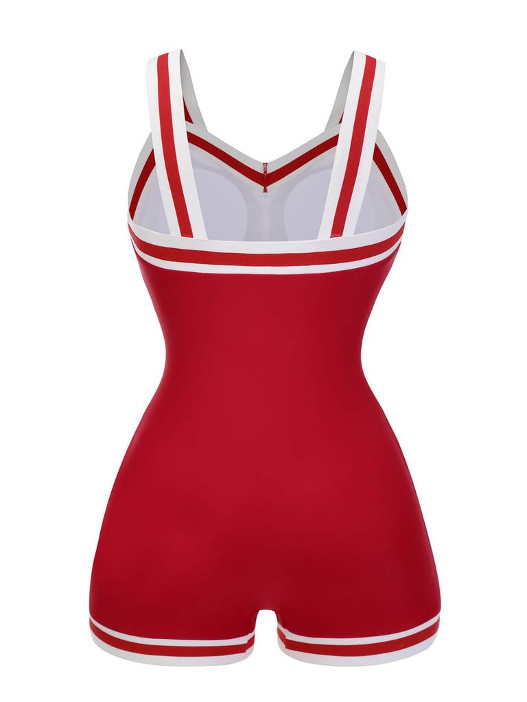 Red 1940s Solid Patchwork V-Neck Swimsuit