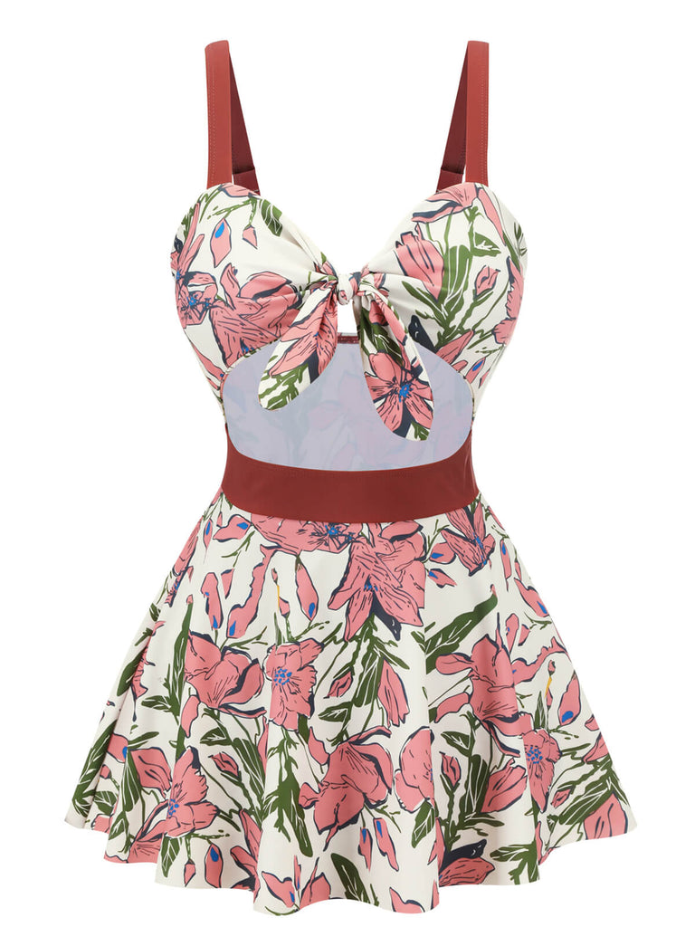 Pink 1940s Floral Strap One-Piece Swimsuit