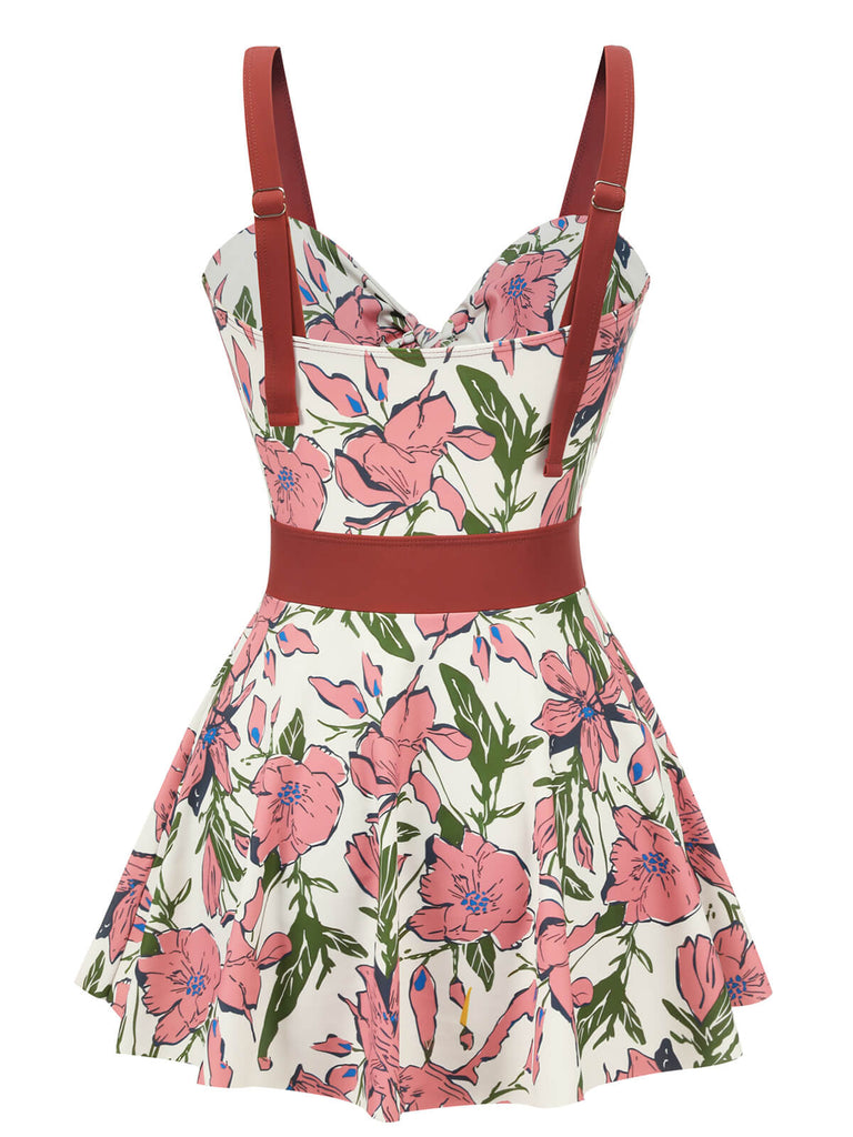 Pink 1940s Floral Strap One-Piece Swimsuit