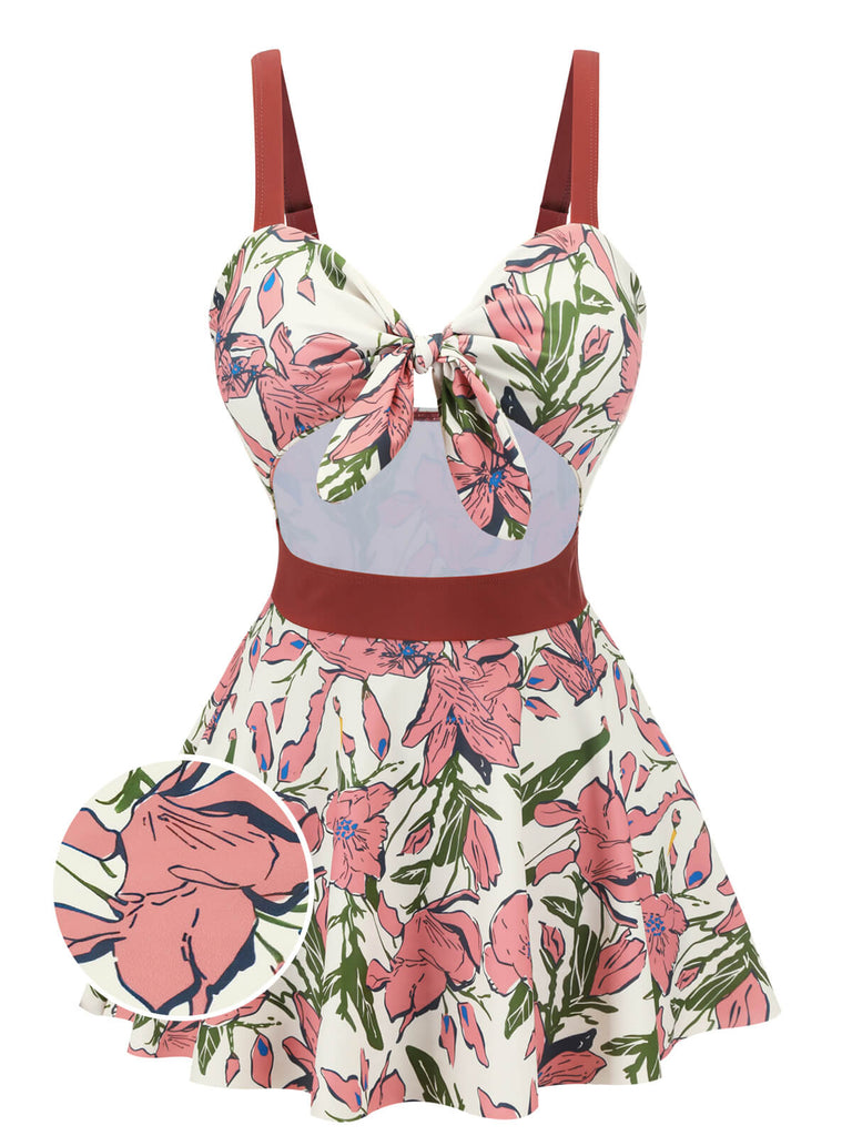 Pink 1940s Floral Strap One-Piece Swimsuit