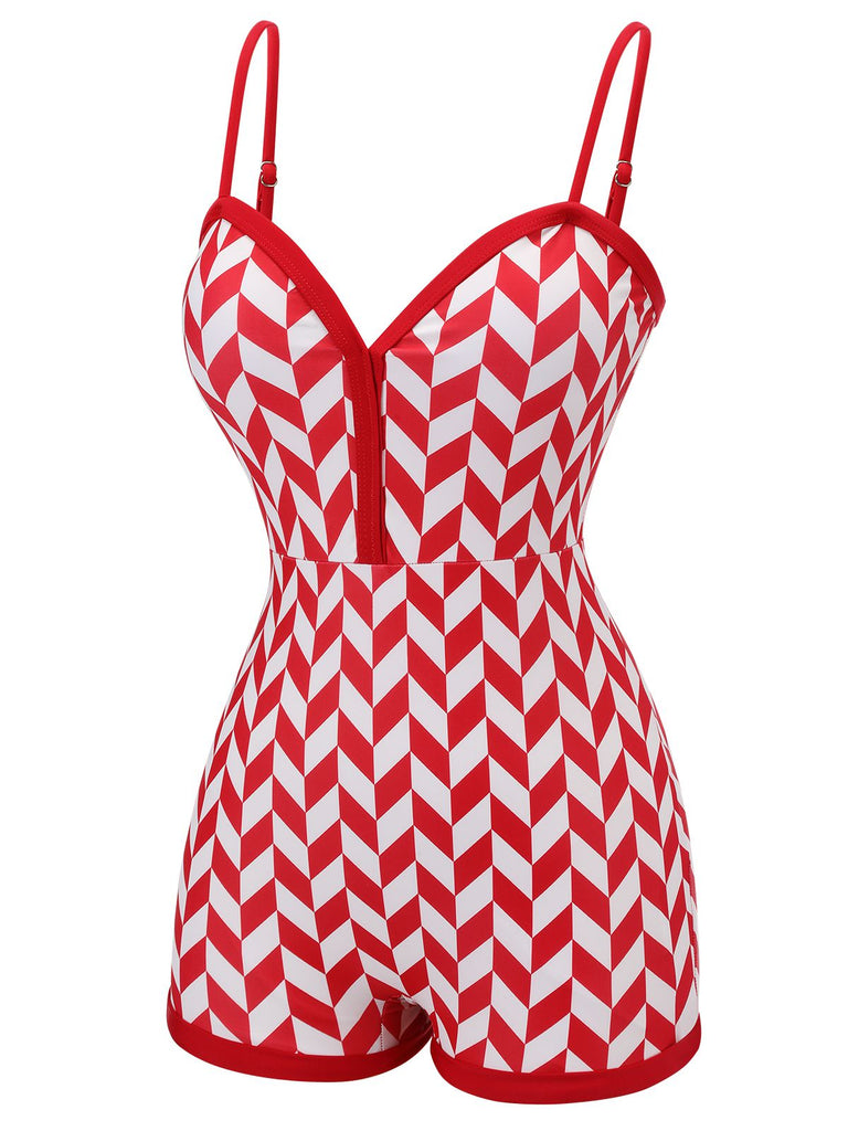 Red 1950s Diamond Plaid Heart Collar Swimsuit