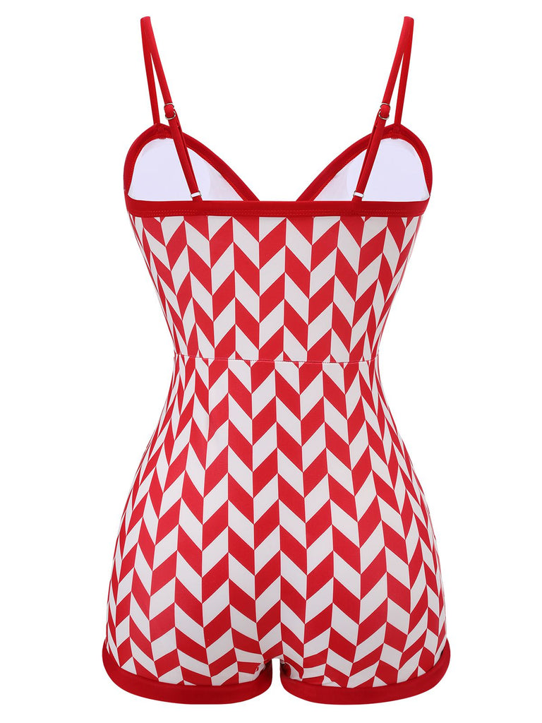 Red 1950s Diamond Plaid Heart Collar Swimsuit